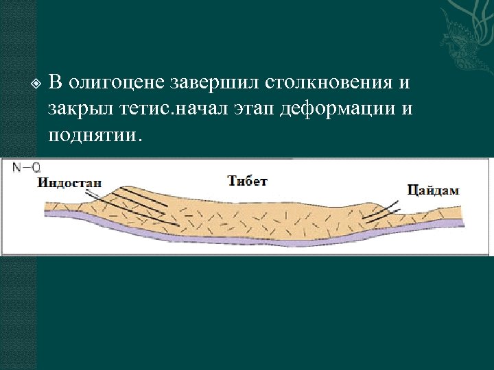  В олигоцене завершил столкновения и закрыл тетис. начал этап деформации и поднятии. 