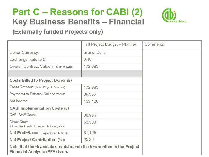 Part C – Reasons for CABI (2) Key Business Benefits – Financial (Externally funded