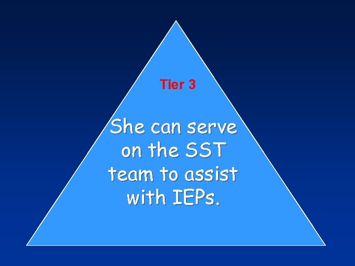 Tier 3 She can serve on the SST team to assist with IEPs. 