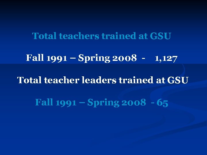 Total teachers trained at GSU Fall 1991 – Spring 2008 - 1, 127 Total