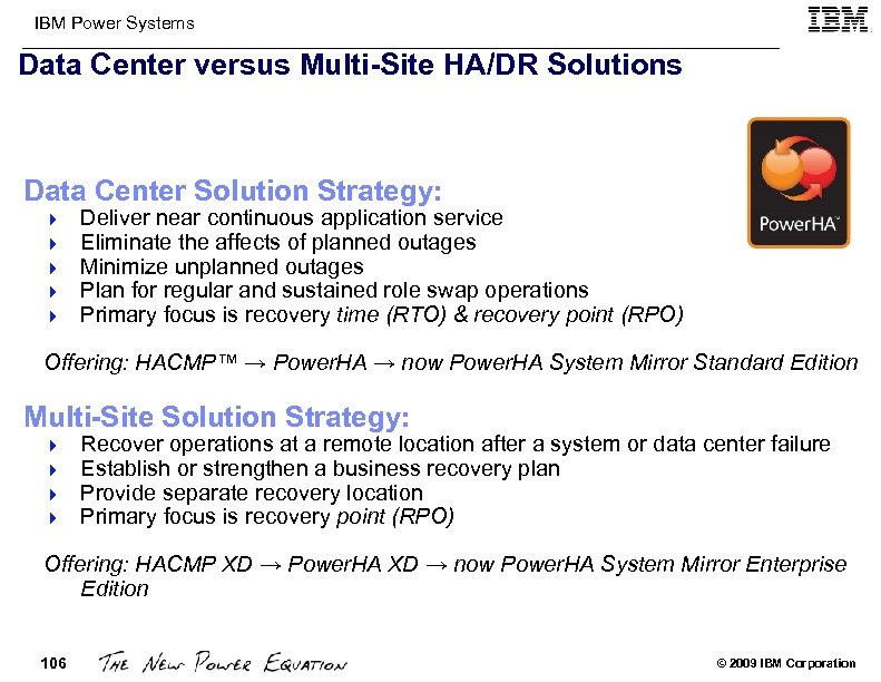 IBM Power Systems Data Center versus Multi-Site HA/DR Solutions Data Center Solution Strategy: 4