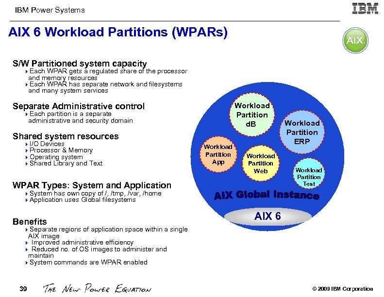 IBM Power Systems AIX 6 Workload Partitions (WPARs) S/W Partitioned system capacity 4 Each