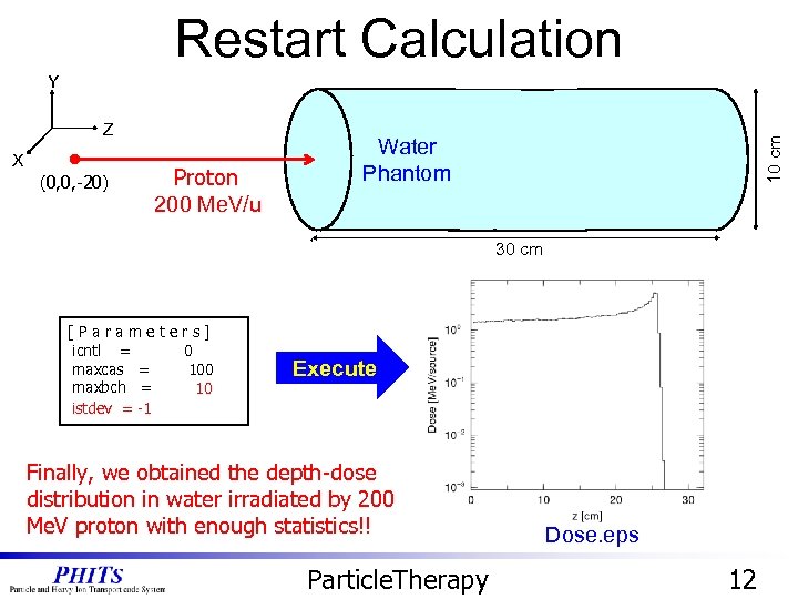 Restart Calculation X (0, 0, -20) Carbon Proton 200 Me. V/u Water Phantom 10