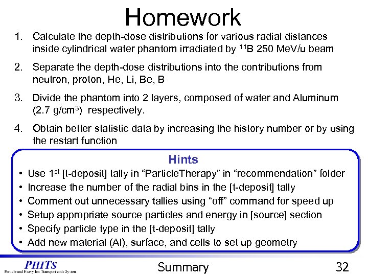 Homework 1. Calculate the depth-dose distributions for various radial distances inside cylindrical water phantom