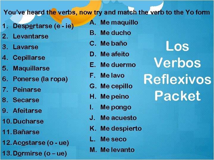 You’ve heard the verbs, now try and match the verb to the Yo form