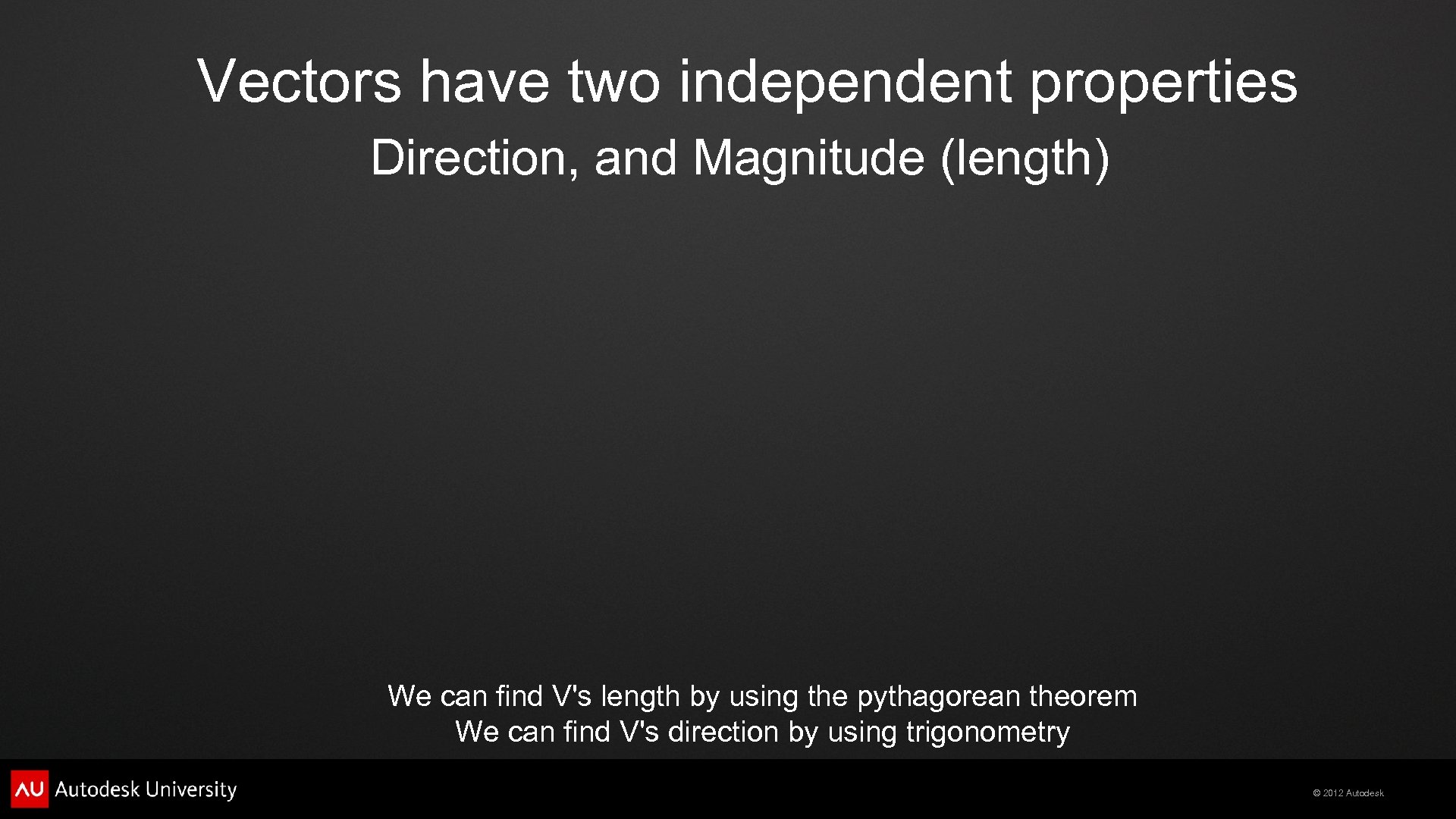 Vectors have two independent properties Direction, and Magnitude (length) We can find V's length