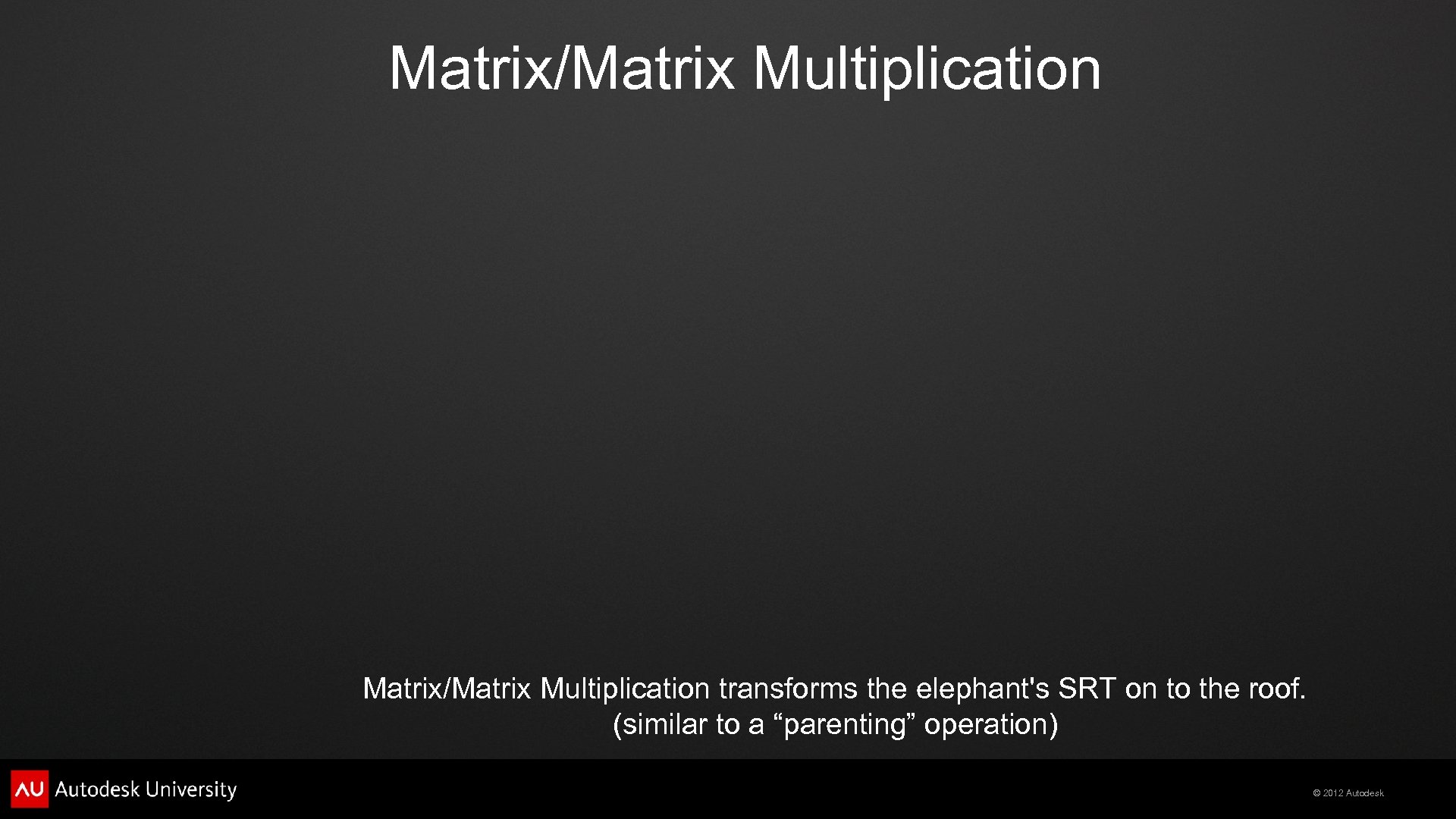 Matrix/Matrix Multiplication transforms the elephant's SRT on to the roof. (similar to a “parenting”