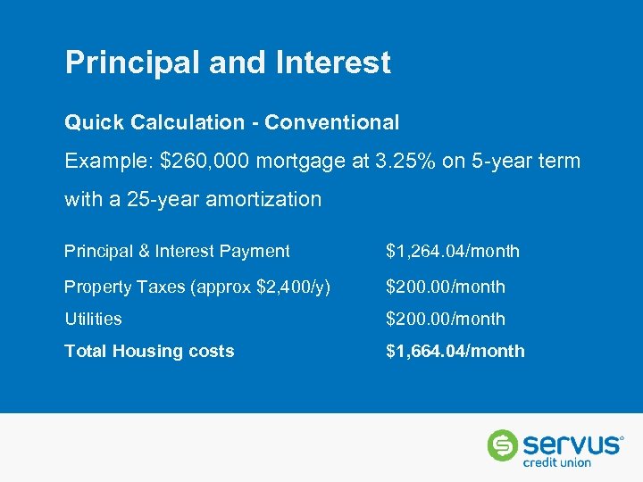 Principal and Interest Quick Calculation - Conventional Example: $260, 000 mortgage at 3. 25%