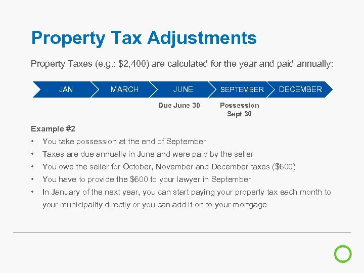 Property Tax Adjustments Property Taxes (e. g. : $2, 400) are calculated for the