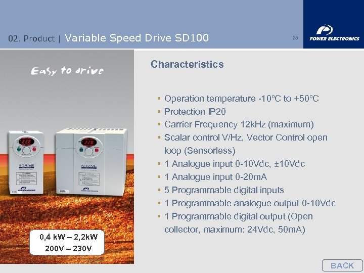 02. Product | Variable Speed Drive SD 100 25 Characteristics § § § §