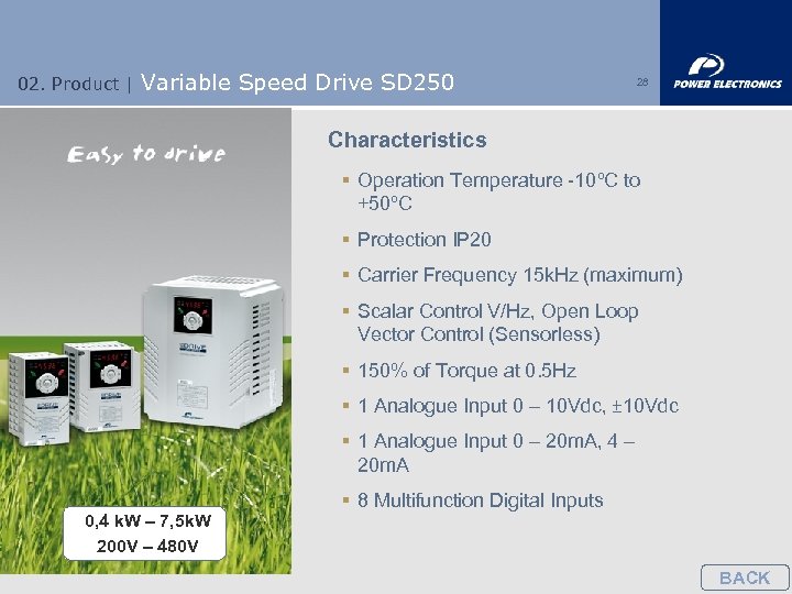 02. Product | Variable Speed Drive SD 250 28 Characteristics § Operation Temperature -10ºC