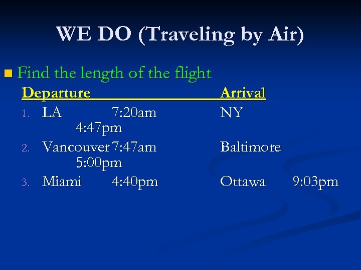 WE DO (Traveling by Air) n Find the length of the flight Departure 1.