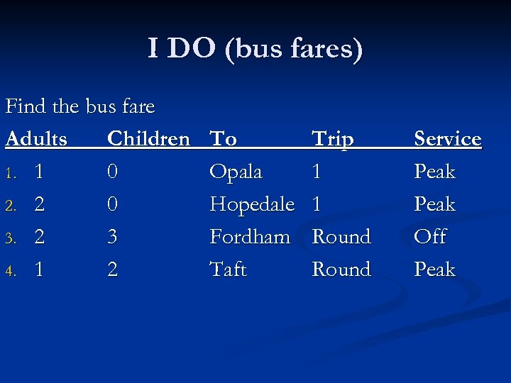 I DO (bus fares) Find the bus fare Adults Children 1. 1 0 2.