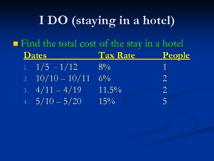 I DO (staying in a hotel) n Find the total cost of the stay