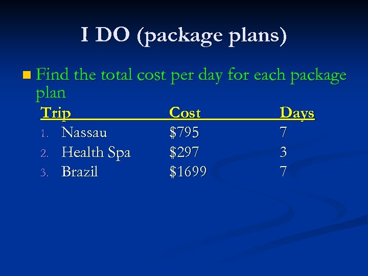 I DO (package plans) n Find the total cost plan Trip 1. Nassau 2.