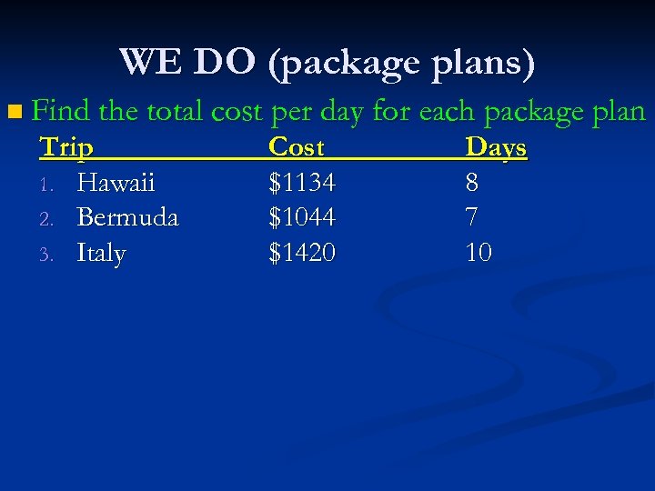 WE DO (package plans) n Find the total cost per day for each package