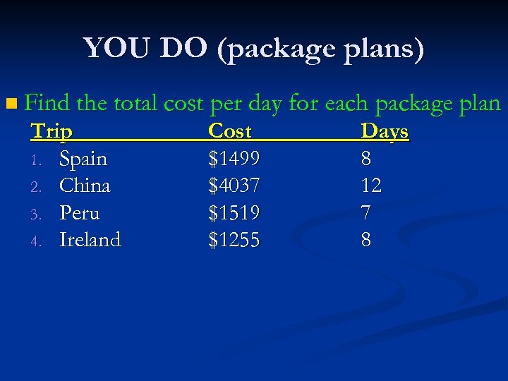 YOU DO (package plans) n Find the total cost per day for each package
