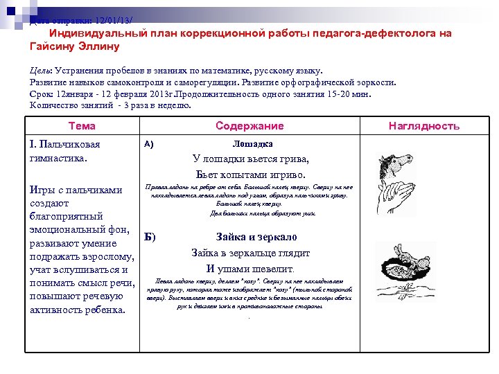 Дата отправки: 12/01/13/ Индивидуальный план коррекционной работы педагога-дефектолога на Гайсину Эллину Цель: Устранения пробелов