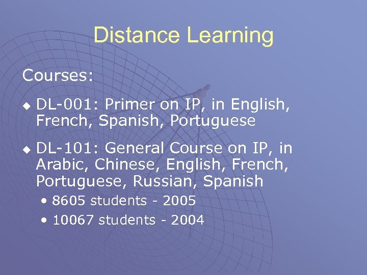 Distance Learning Courses: u u DL-001: Primer on IP, in English, French, Spanish, Portuguese