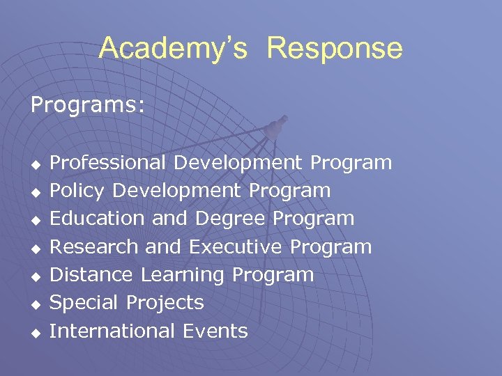 Academy’s Response Programs: u u u u Professional Development Program Policy Development Program Education