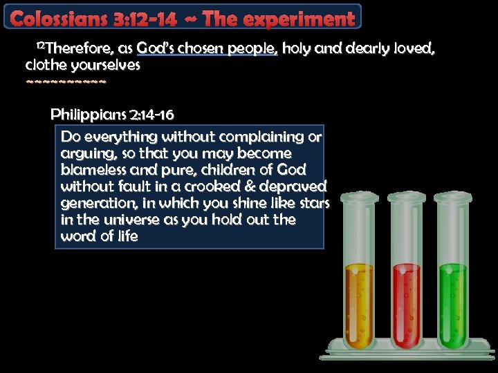 Colossians 3: 12 -14 ~ The experiment 12 Therefore, as God’s chosen people, holy