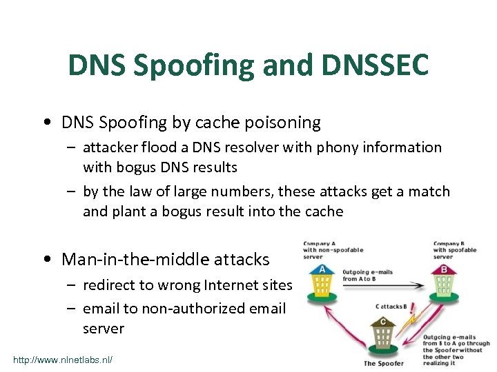 DNS Spoofing and DNSSEC • DNS Spoofing by cache poisoning – attacker flood a