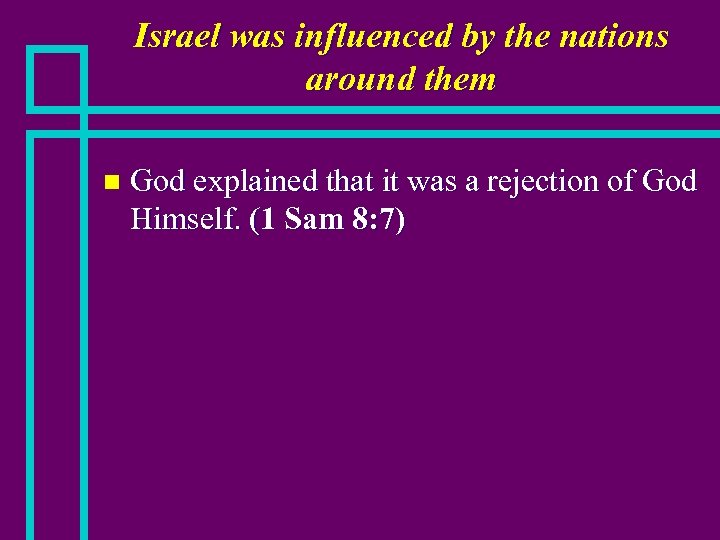 Israel was influenced by the nations around them n God explained that it was