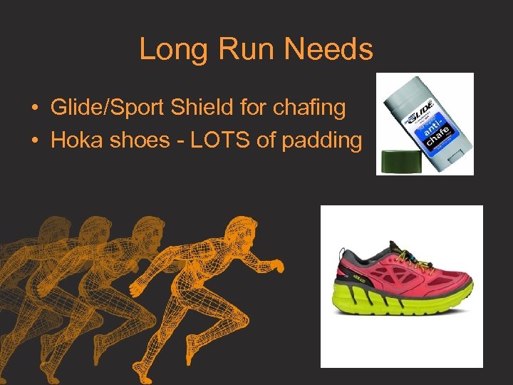 Long Run Needs • Glide/Sport Shield for chafing • Hoka shoes - LOTS of