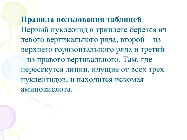 Правила пользования таблицей Первый нуклеотид в триплете берется из левого вертикального ряда, второй –