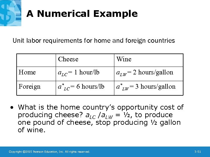 A Numerical Example Unit labor requirements for home and foreign countries Cheese Wine Home