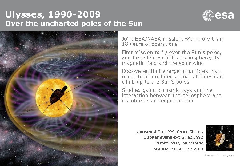 Ulysses, 1990 -2009 Over the uncharted poles of the Sun Joint ESA/NASA mission, with