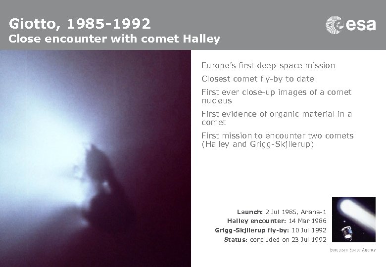 Giotto, 1985 -1992 Close encounter with comet Halley Europe’s first deep-space mission Closest comet