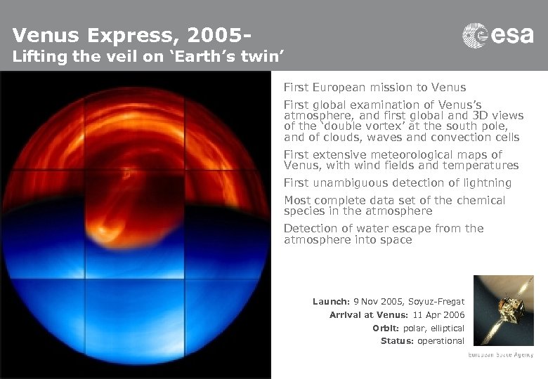 Venus Express, 2005 - Lifting the veil on ‘Earth’s twin’ First European mission to