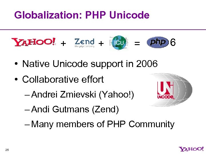 Globalization: PHP Unicode + + ICU = 6 • Native Unicode support in 2006