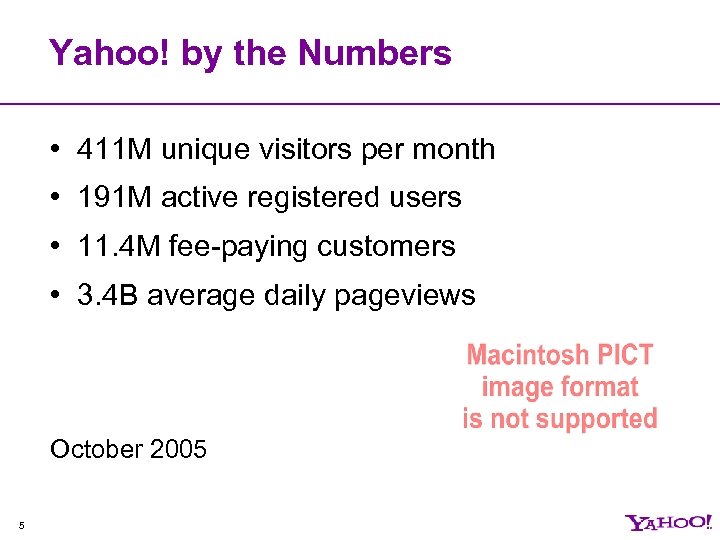 Yahoo! by the Numbers • 411 M unique visitors per month • 191 M