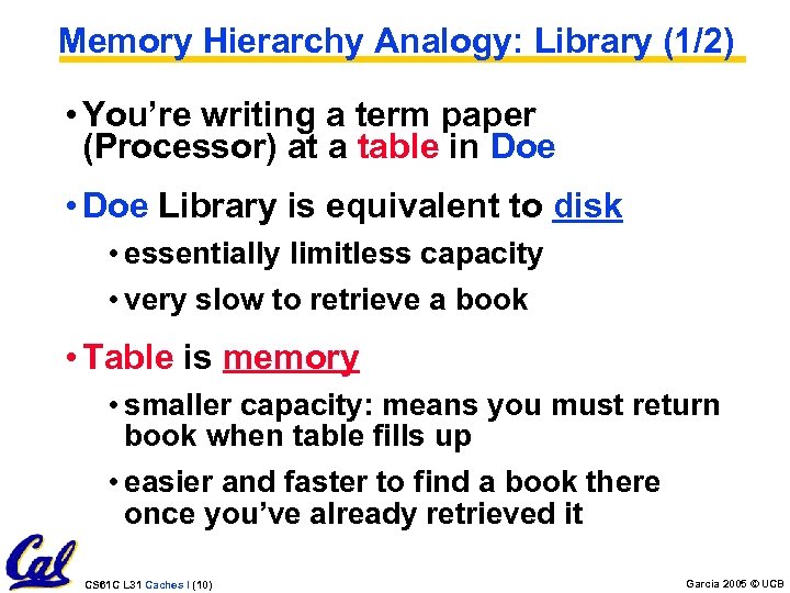 Memory Hierarchy Analogy: Library (1/2) • You’re writing a term paper (Processor) at a