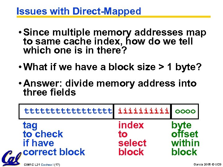 Issues with Direct-Mapped • Since multiple memory addresses map to same cache index, how