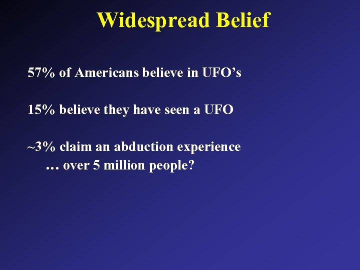 Widespread Belief 57% of Americans believe in UFO’s 15% believe they have seen a