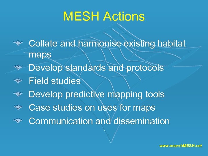 MESH Actions Collate and harmonise existing habitat maps Develop standards and protocols Field studies