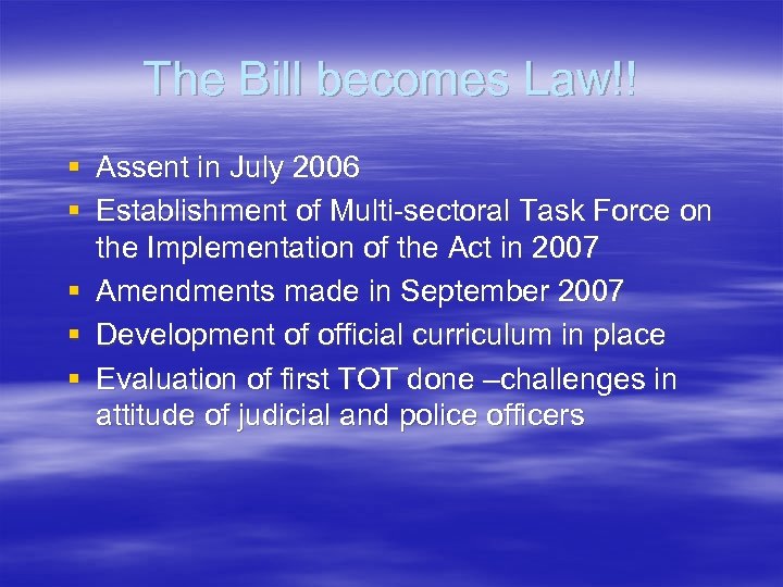 The Bill becomes Law!! § Assent in July 2006 § Establishment of Multi-sectoral Task