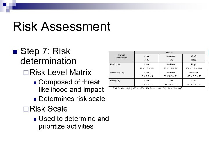 Risk Assessment n Step 7: Risk determination ¨ Risk Level Matrix n Composed of