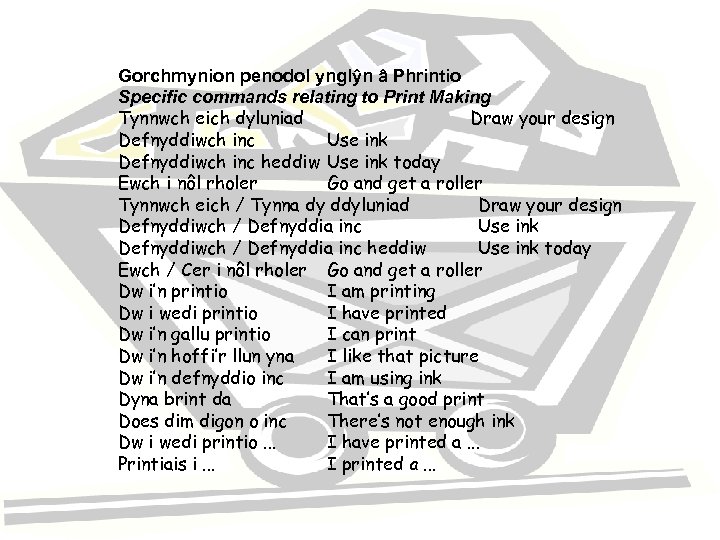 Gorchmynion penodol ynglŷn â Phrintio Specific commands relating to Print Making Tynnwch eich dyluniad