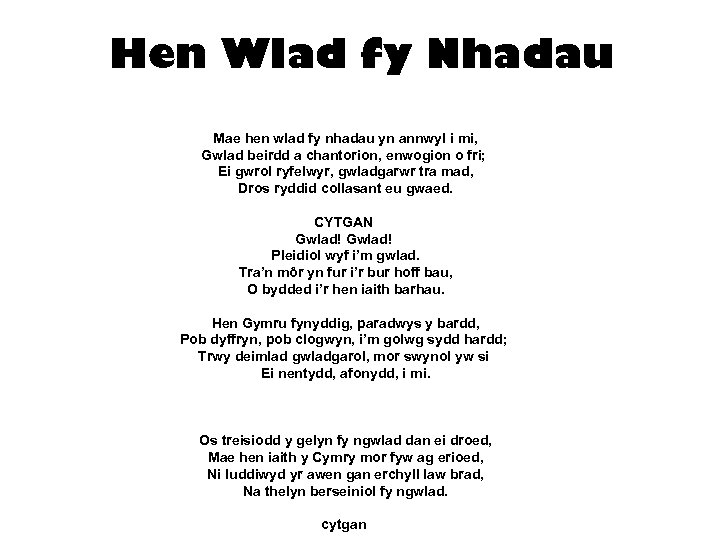 Hen Wlad fy Nhadau Mae hen wlad fy nhadau yn annwyl i mi, Gwlad