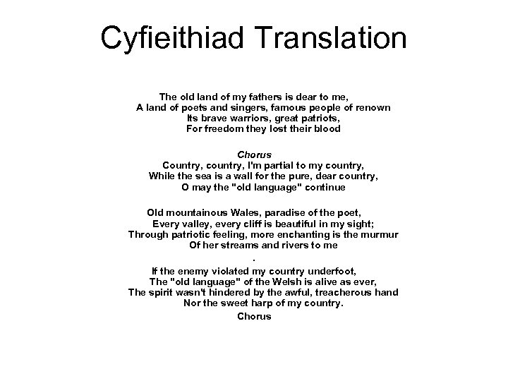 Cyfieithiad Translation The old land of my fathers is dear to me, A land