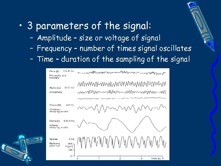  • 3 parameters of the signal: – Amplitude – size or voltage of