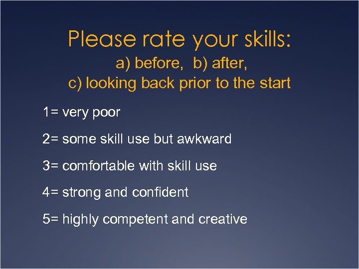 Please rate your skills: a) before, b) after, c) looking back prior to the