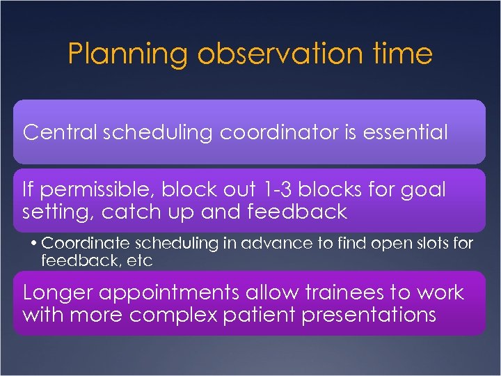 Planning observation time Central scheduling coordinator is essential If permissible, block out 1 -3