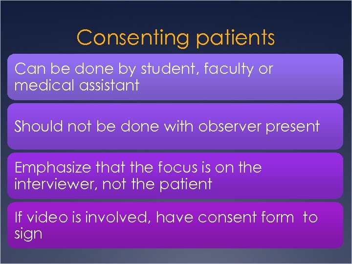 Consenting patients Can be done by student, faculty or medical assistant Should not be