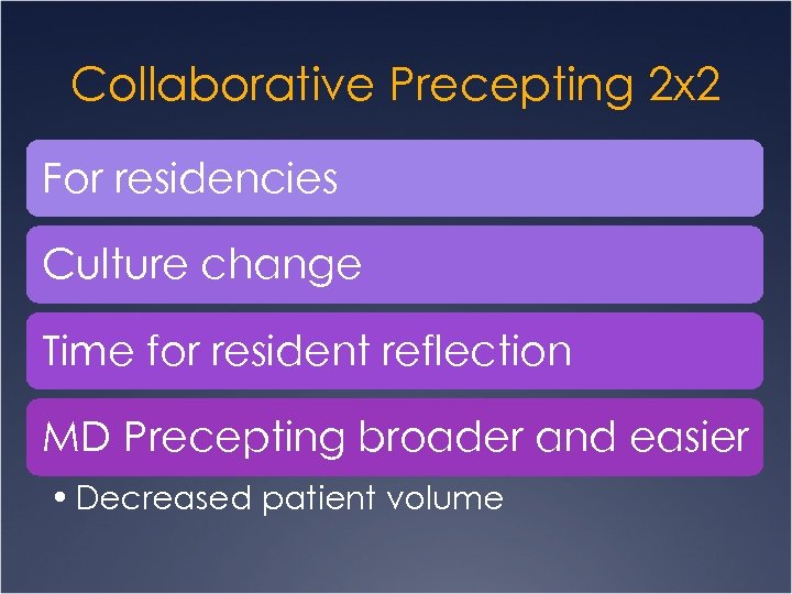 Collaborative Precepting 2 x 2 For residencies Culture change Time for resident reflection MD