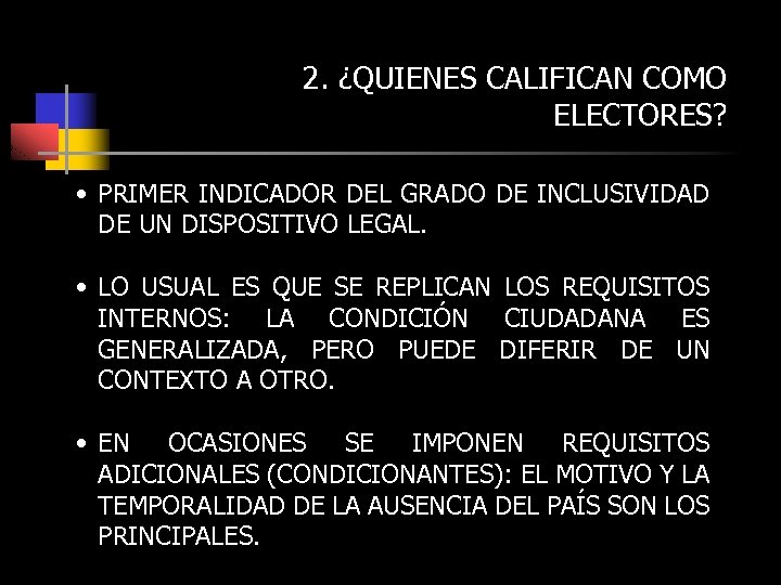 2. ¿QUIENES CALIFICAN COMO ELECTORES? • PRIMER INDICADOR DEL GRADO DE INCLUSIVIDAD DE UN